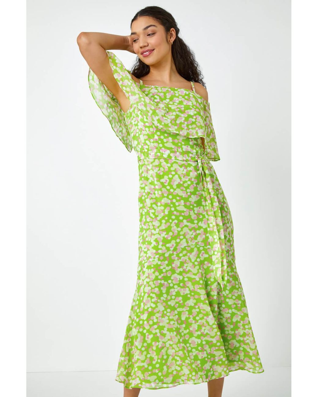 D.u.s.k Green Spot Print Chiffon Overlay Maxi Dress