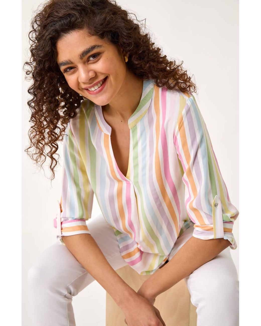 Roman Brown Stripe Print Pleat Detail Tunic Top
