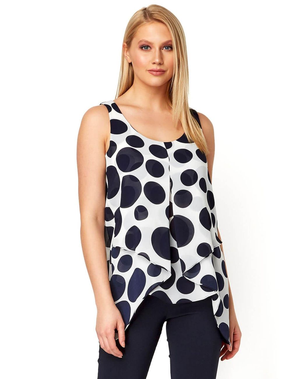Roman Blue Spot Print Asymmetric Chiffon Top