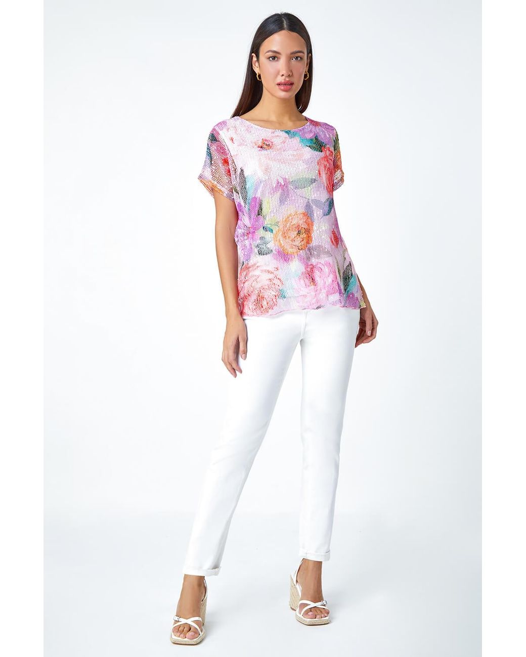 Roman Red Mesh Overlay Floral Print T-Shirt
