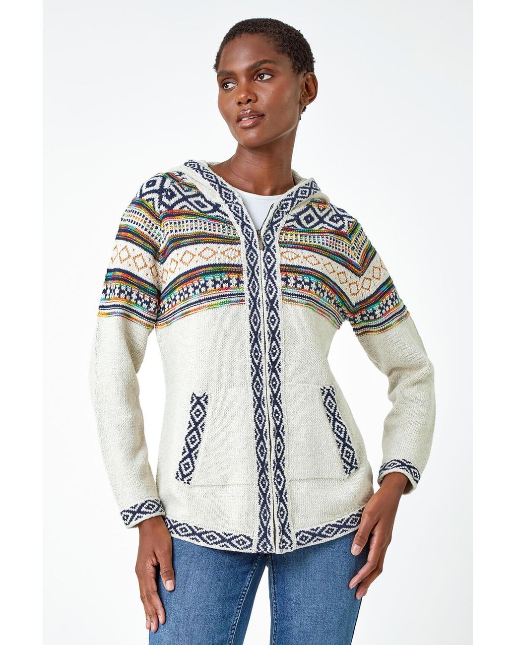 Roman Blue Nordic Print Knitted Zip Up Hoodie