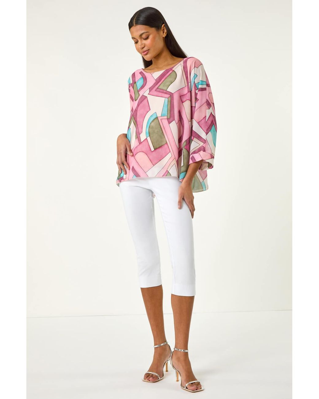 Roman Red Abstract Print Overlay Tunic Top