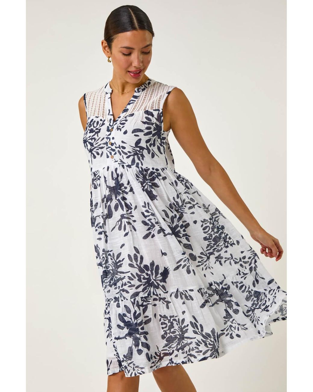 Roman White Floral Print Lace Detail Smock Dress