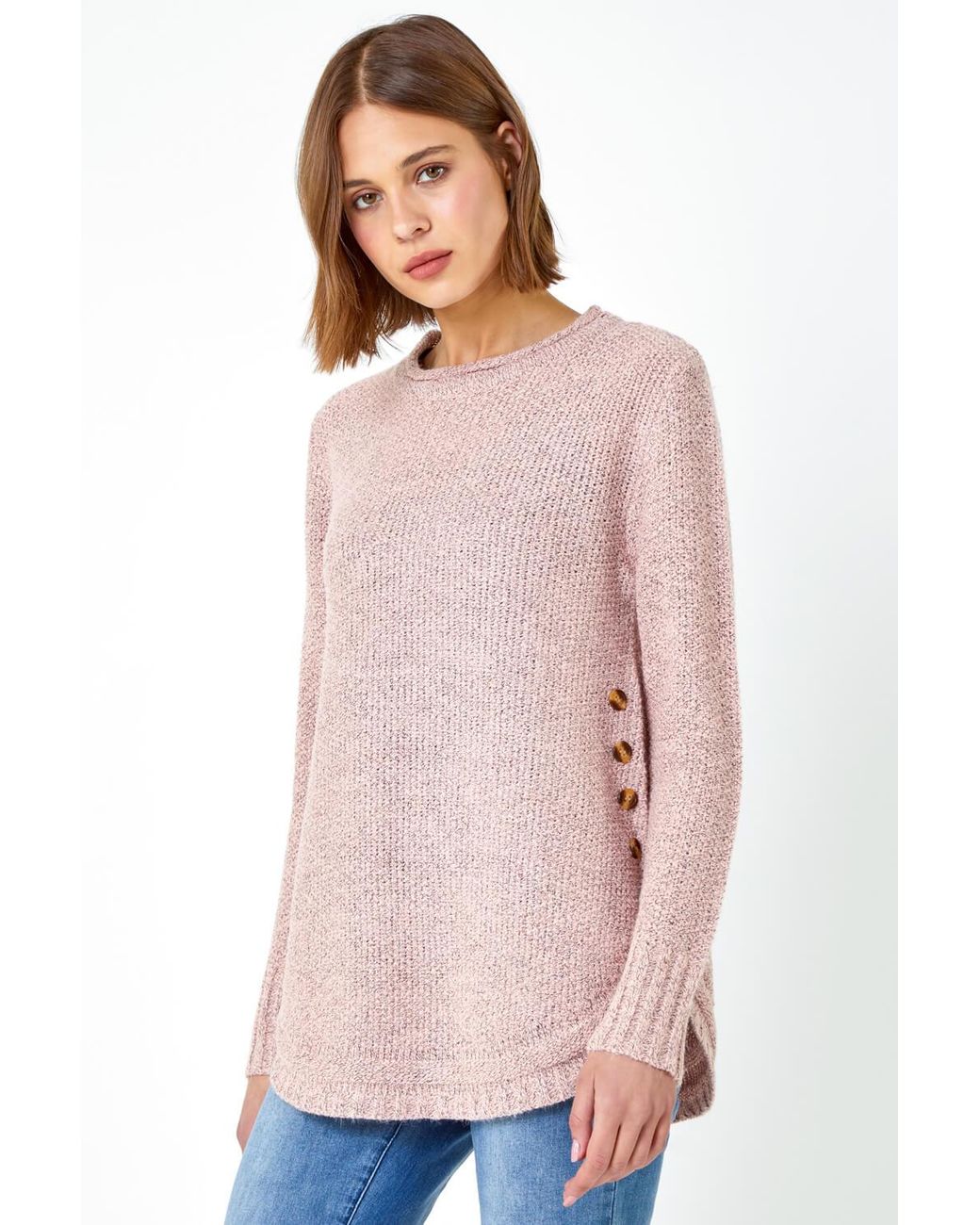 Roman Pink Button Detail Curved Hem Jumper