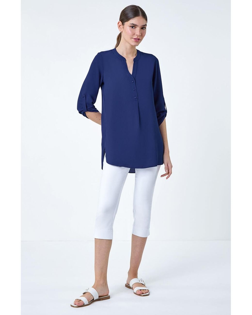 Roman Blue Longline Tunic Stretch Blouse