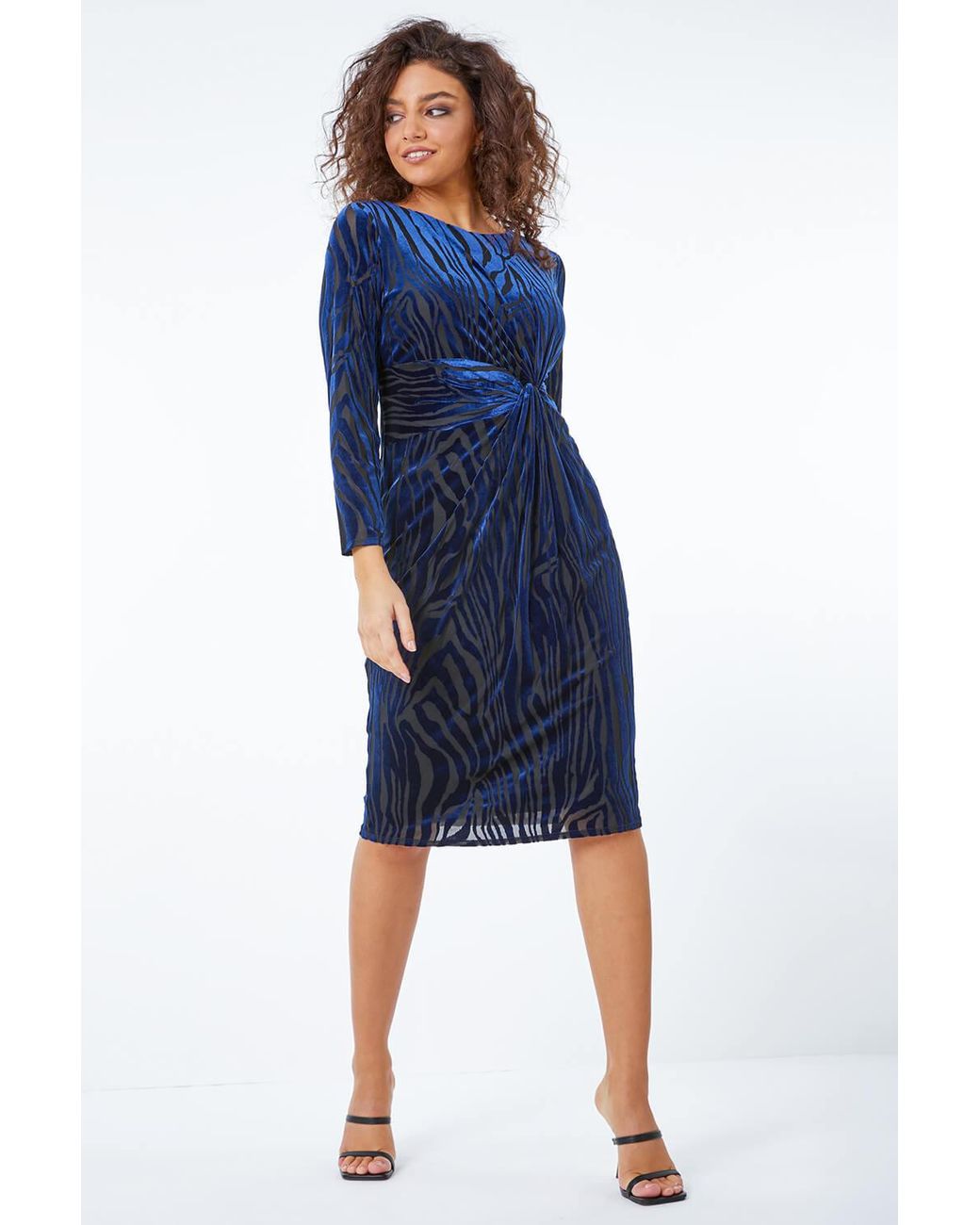 Roman Petite Blue Zebra Print Burnout Ruched Midi Dress