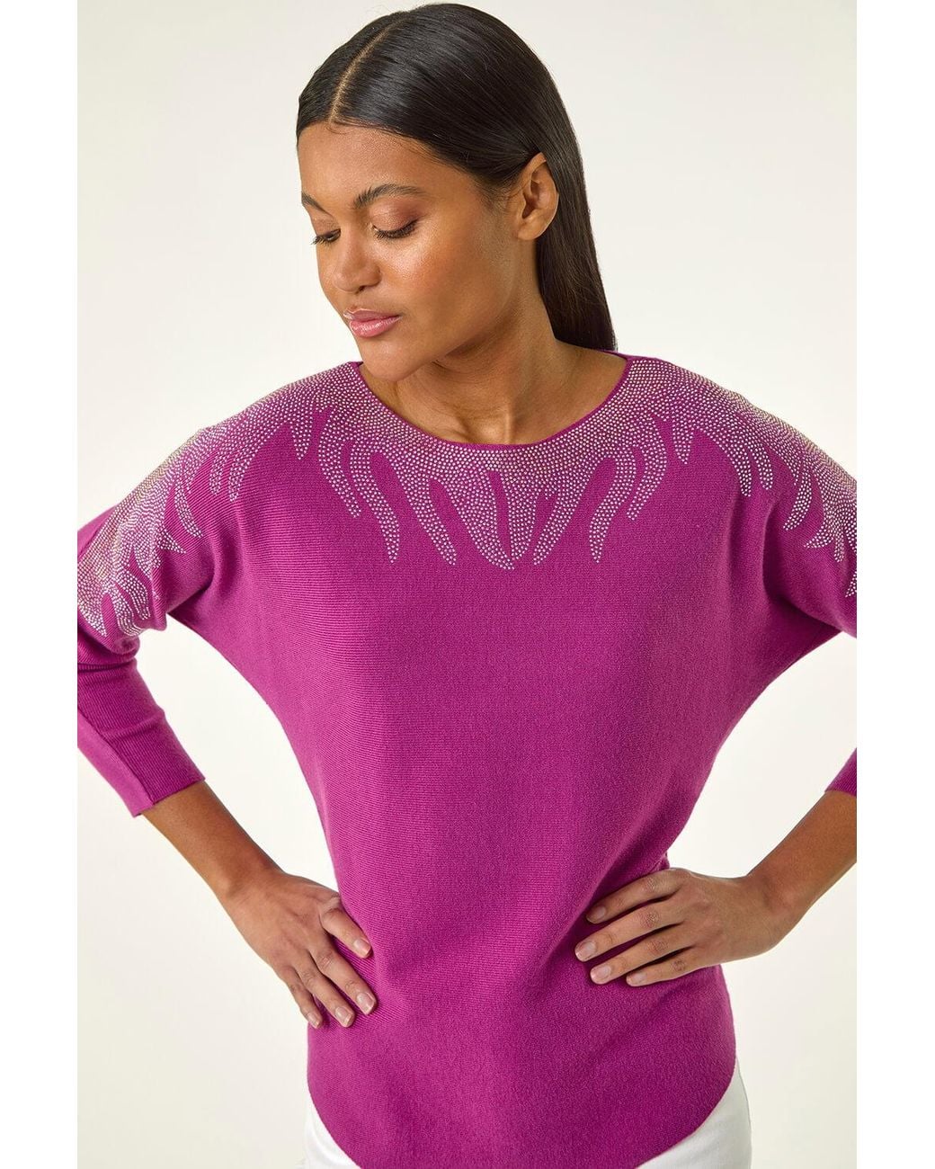 Roman Purple Embellished Neck Knit Jumper