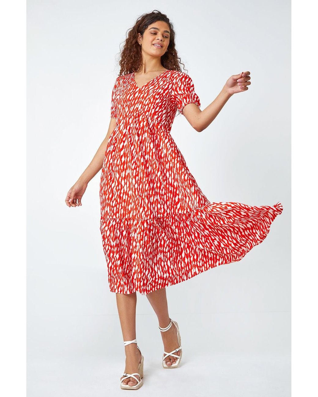 Roman Red Abstract Frill Hem Midi Dress