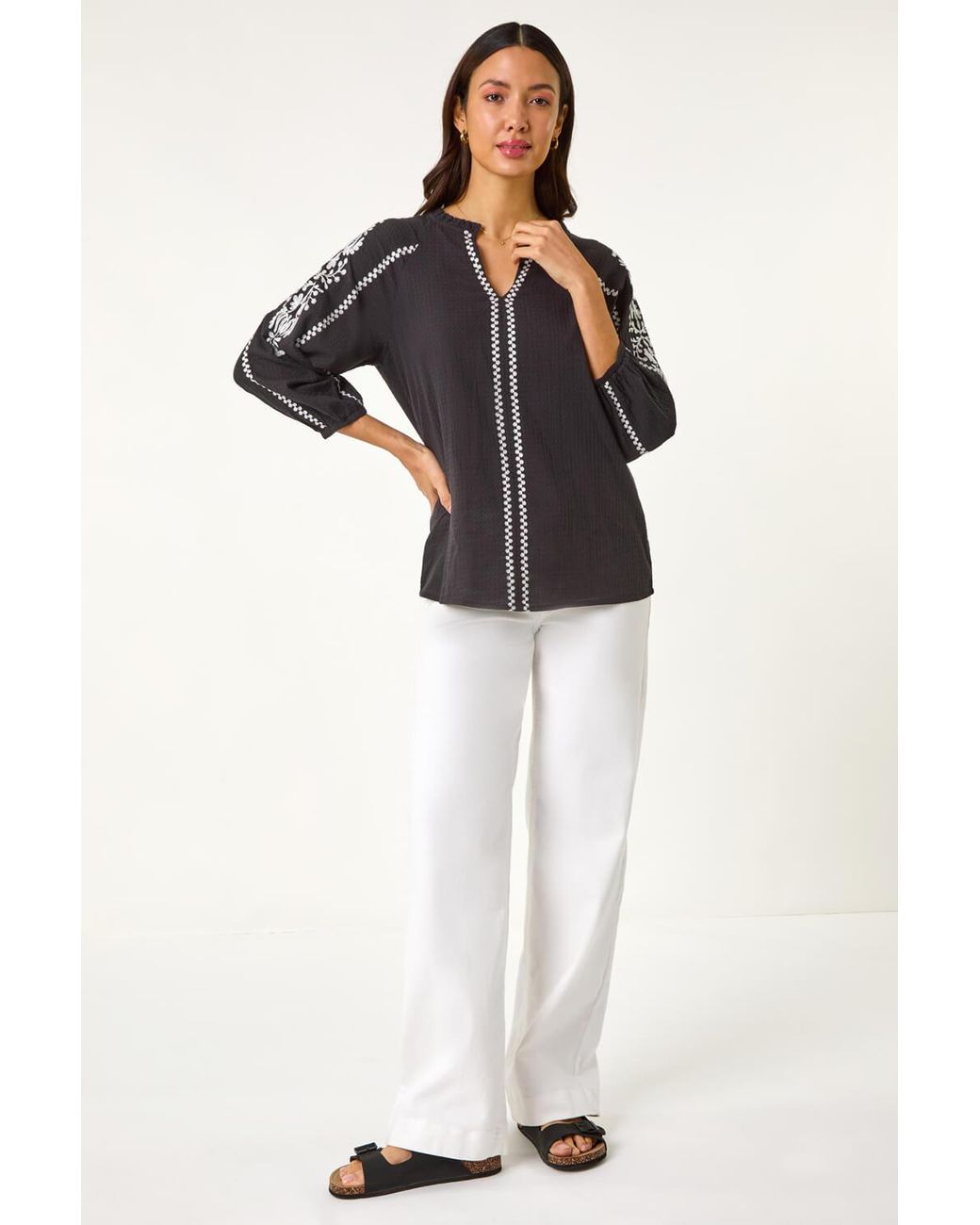 Roman Black Embroidered Sleeve V-Neck Top