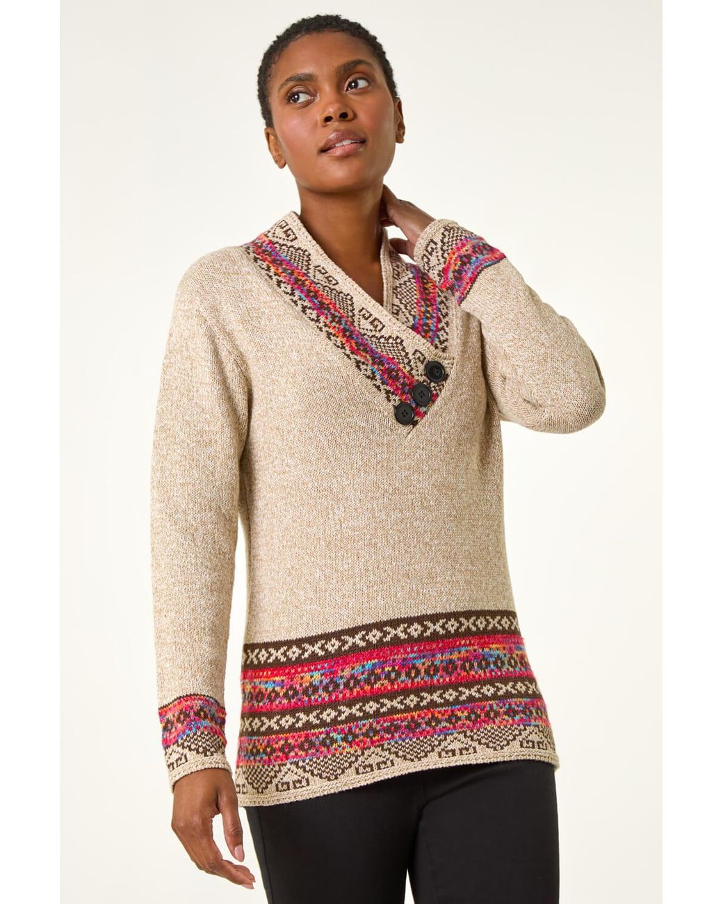 Roman Natural Nordic Print Button Detail Jumper