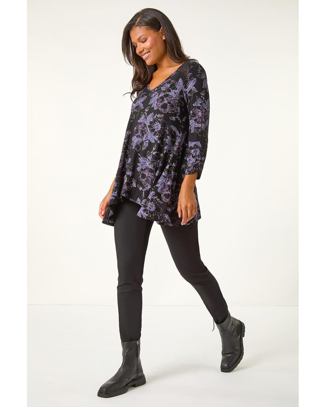 Roman Blue Floral Print Crochet Trim Tunic
