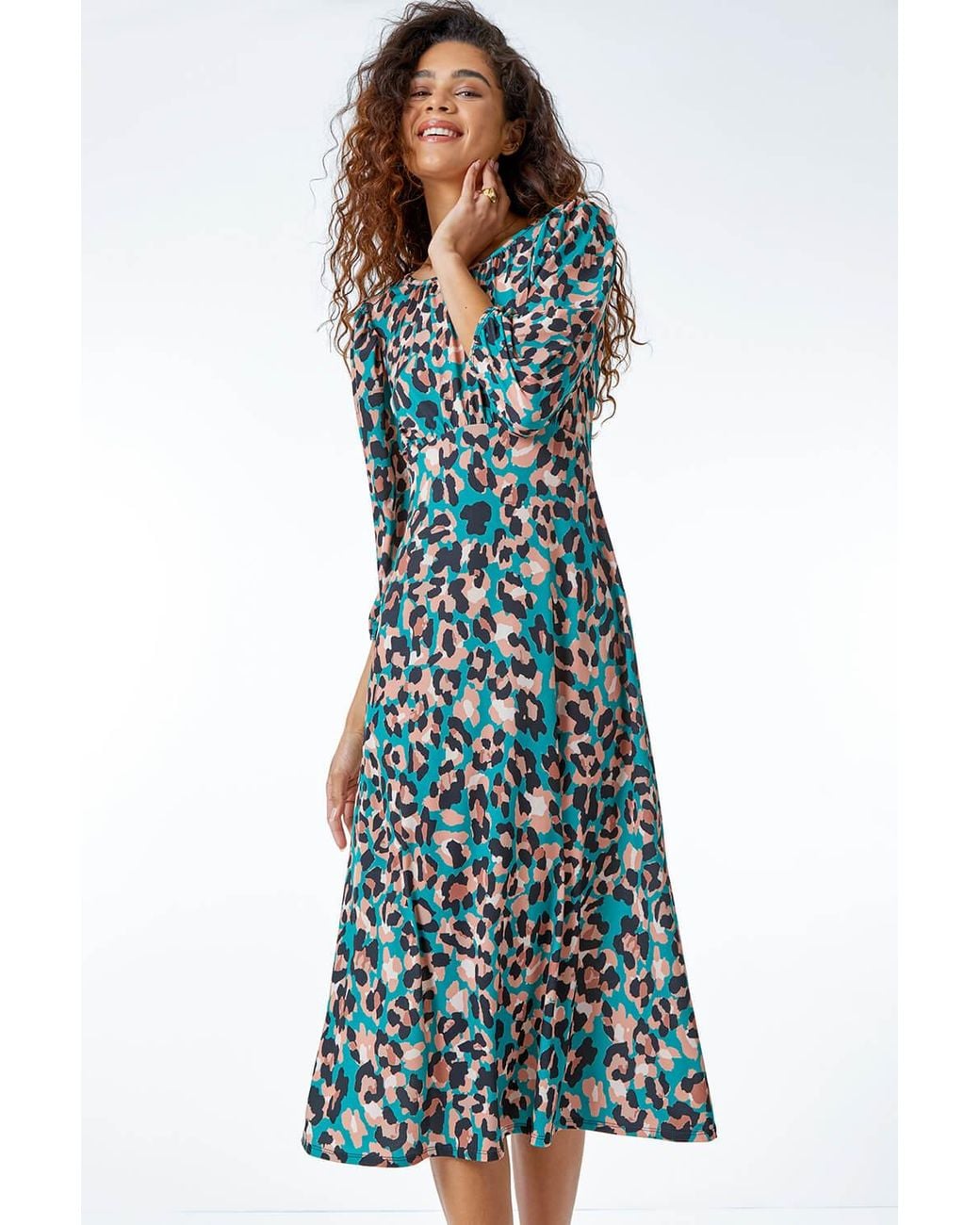 Roman Green Leopard Print Midi Dress