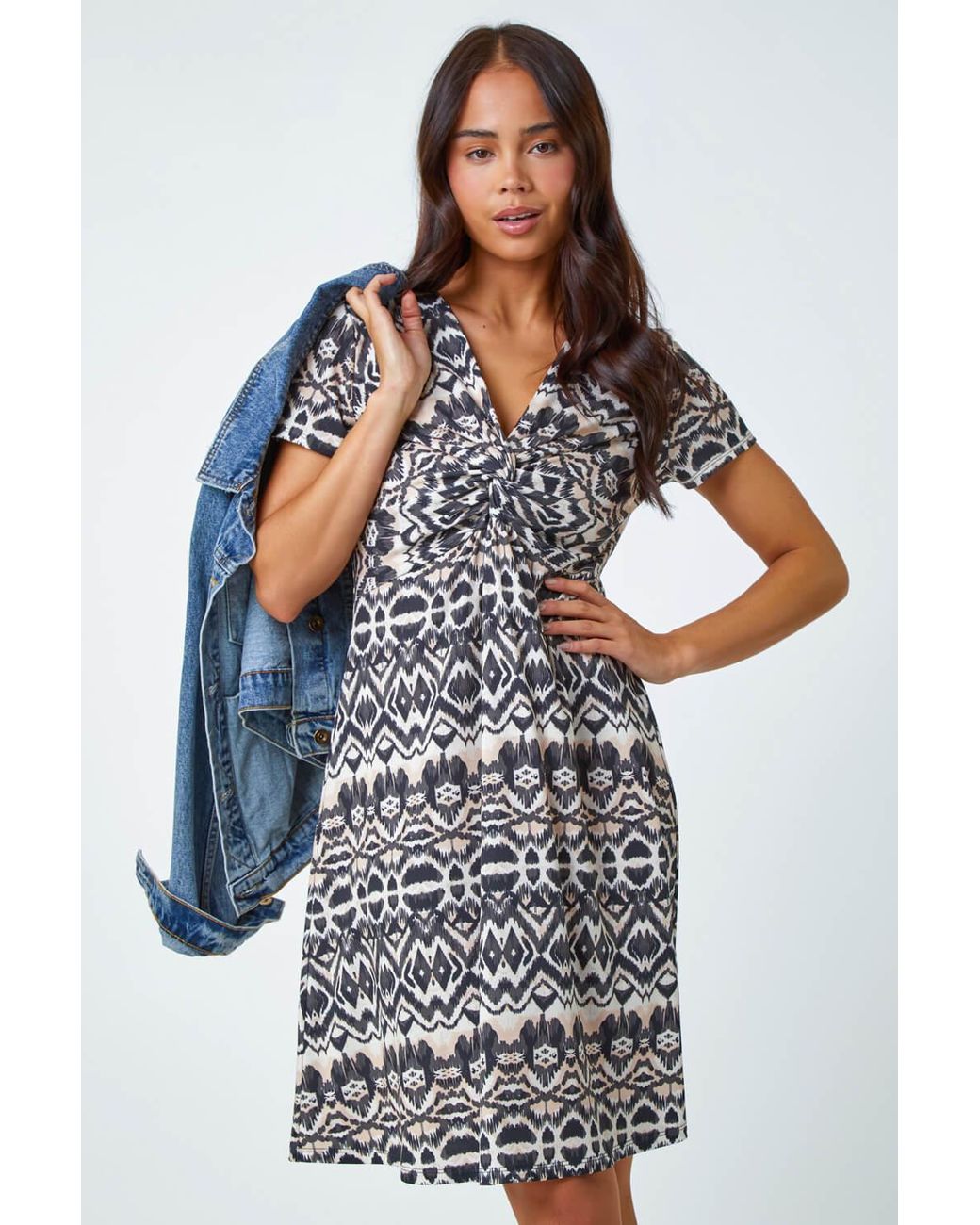 Roman Petite Blue Aztec Twist Detail Stretch Dress