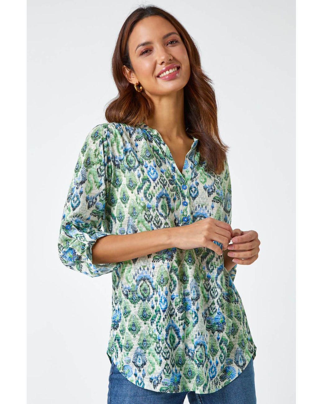 Roman Blue Aztec Burnout Print Relaxed V-Neck Tunic Top