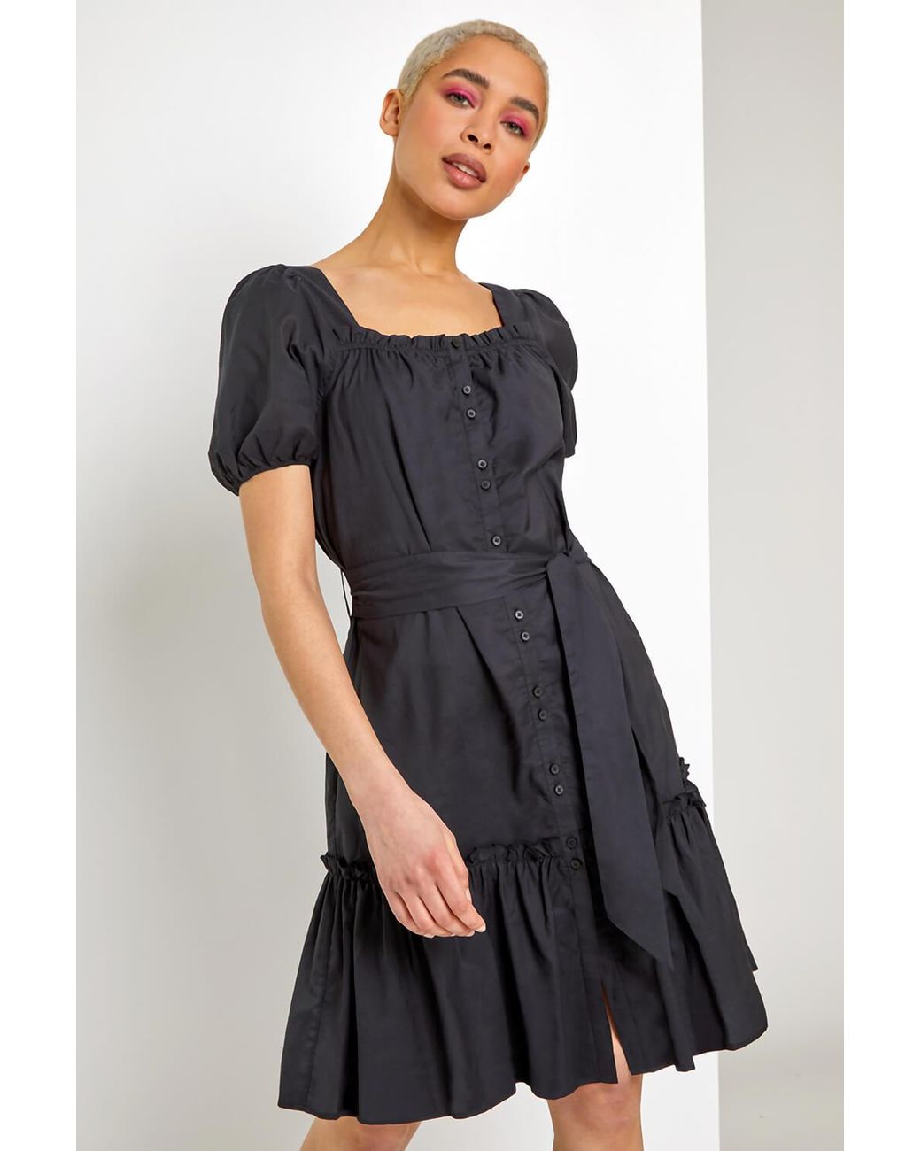 D.u.s.k Black Puff Sleeve Tiered Square Neck Dress
