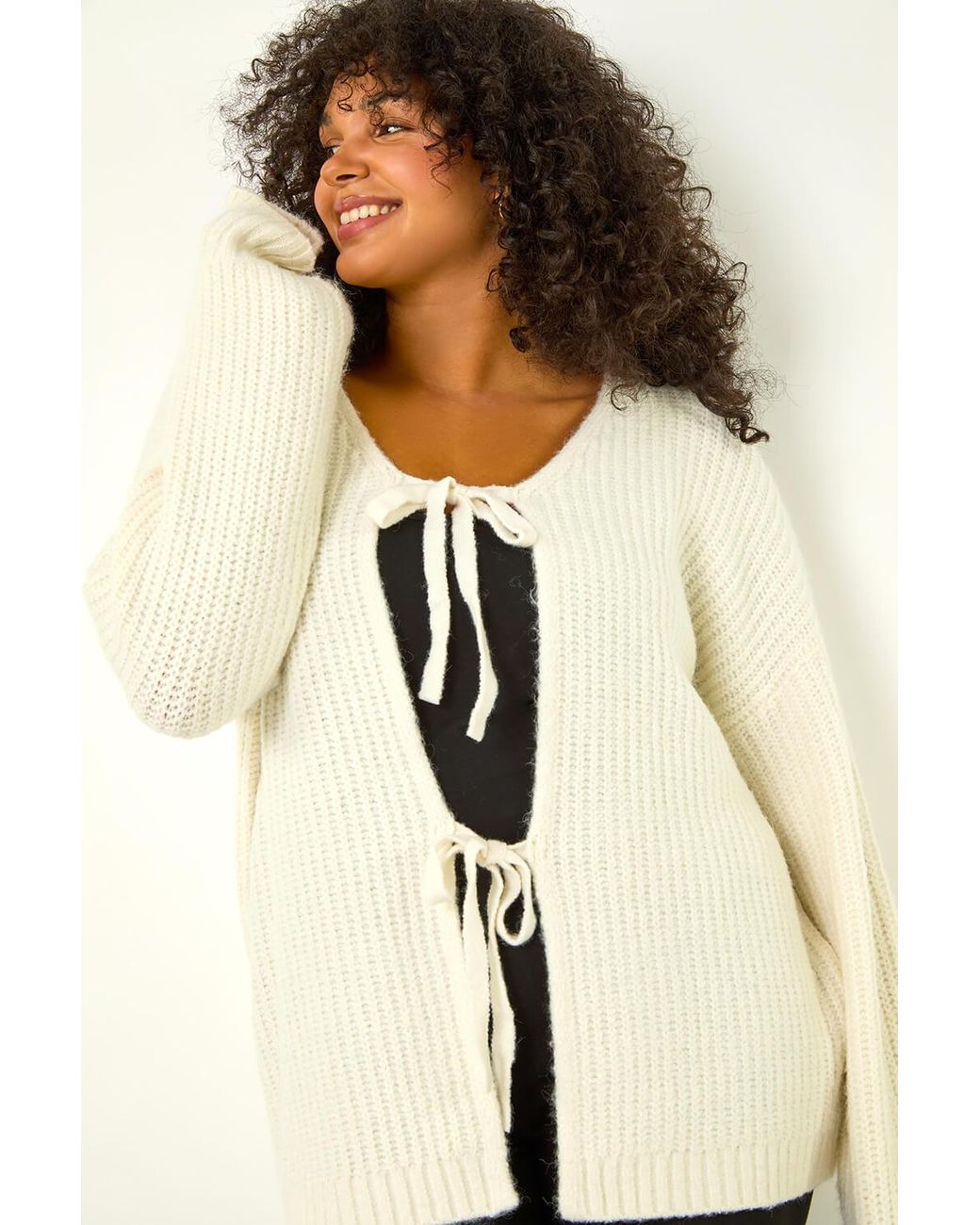 Roman Curve Natural Bow Detail Knit Cardigan