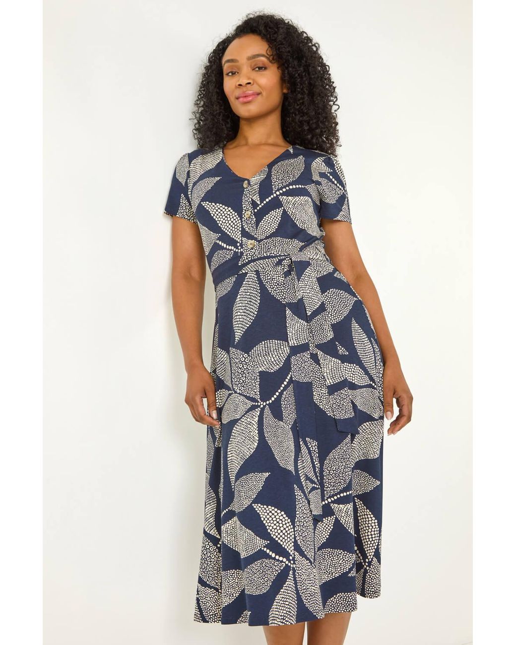 Roman Petite Blue Leaf Tie Waist Midi Dress