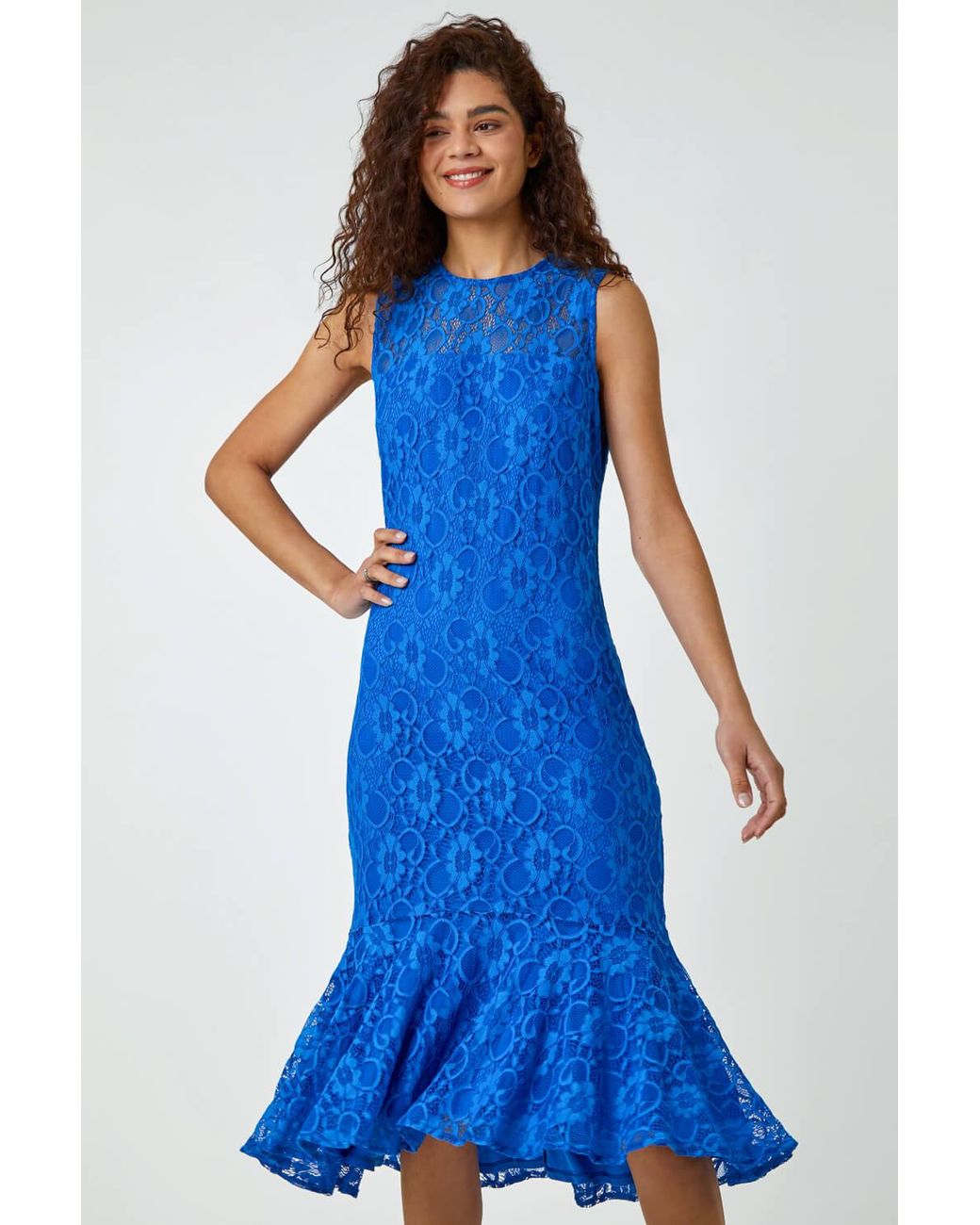 Roman Blue Sleeveless Frill Hem Lace Midi Dress