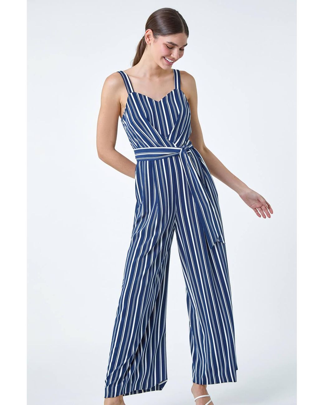 Roman Blue Stripe Print Pocket Jumpsuit
