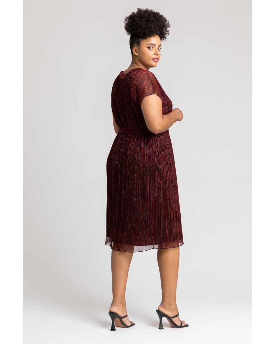 Roman Curve Red Metallic Plisse Midi Dress