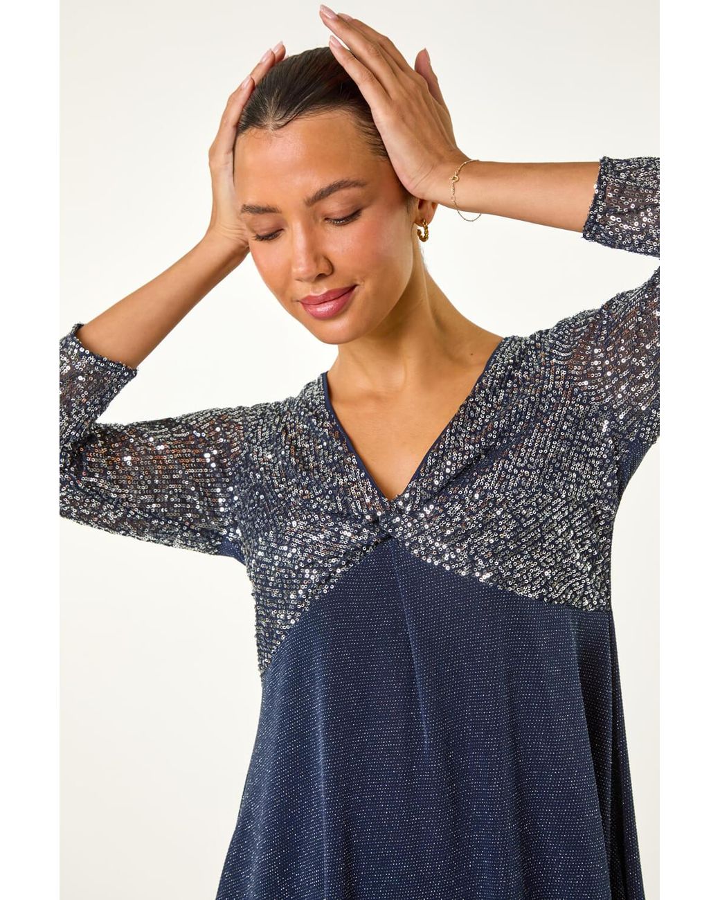 Roman Blue Sequin Bodice V-Neck Stretch Tunic Top