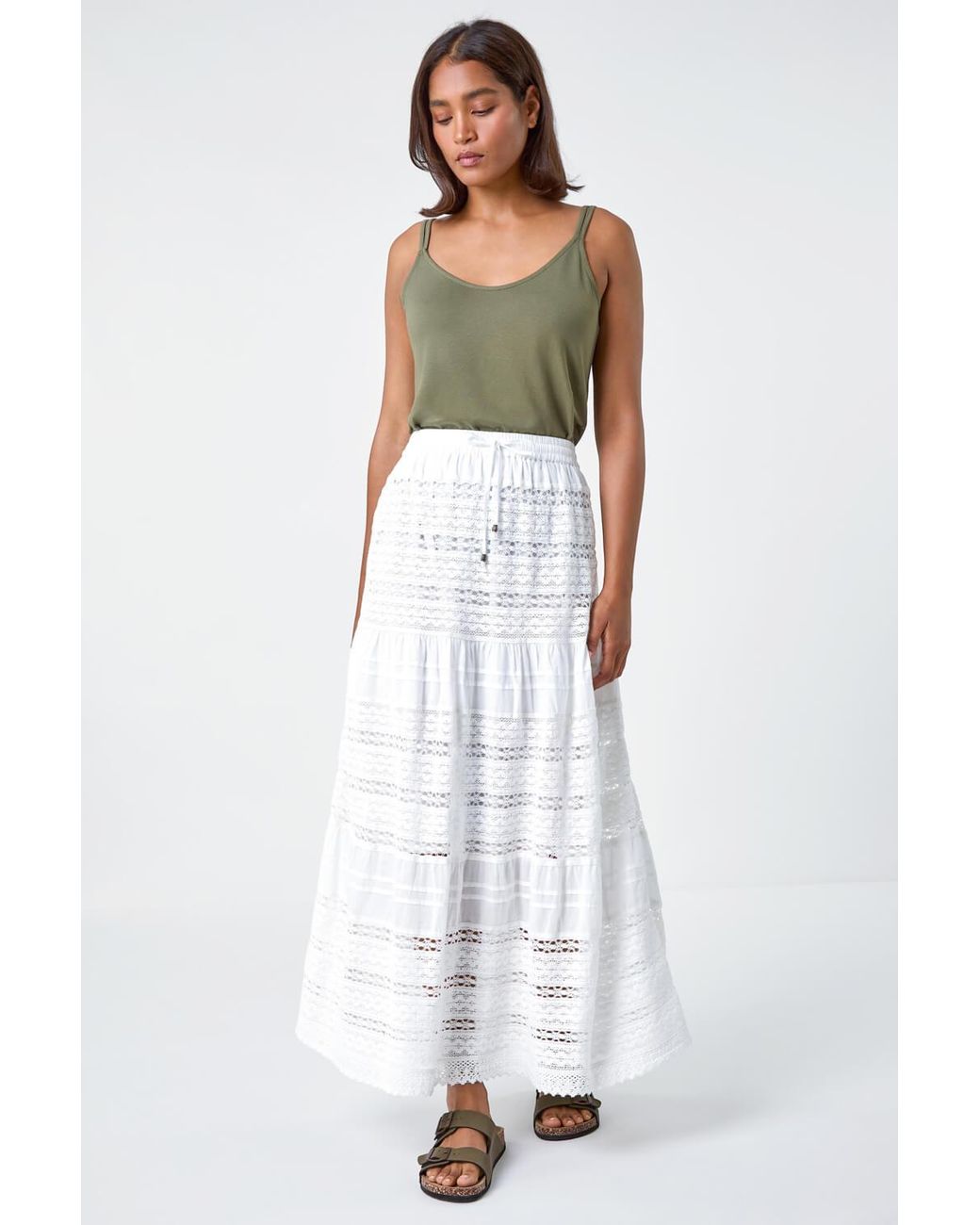 Roman White Lace Detail Cotton A Line Maxi Skirt