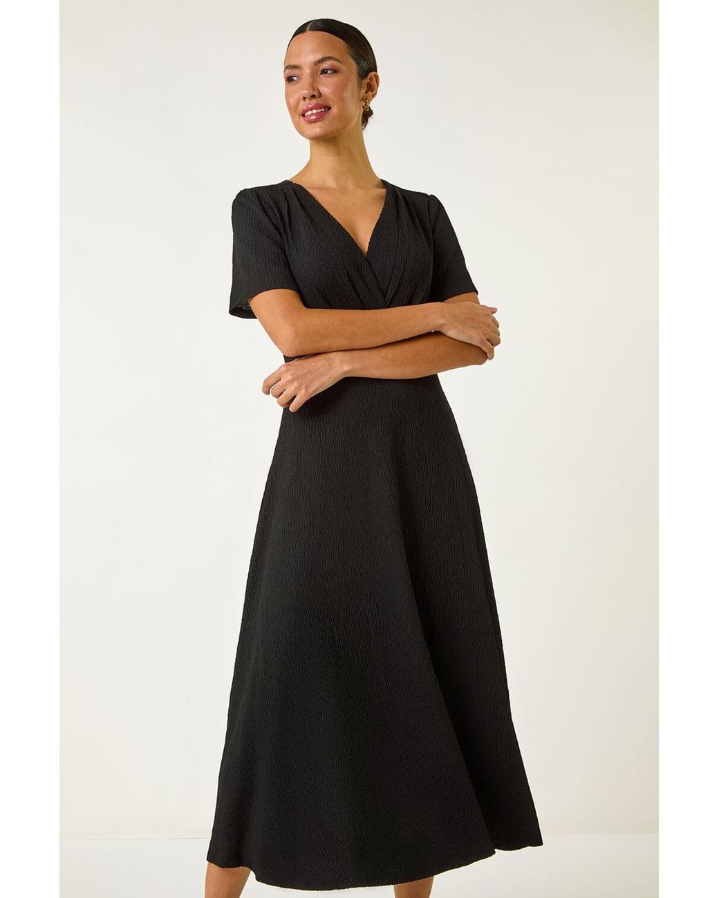 Roman Black Textured Wrap Bodice Midi Dress