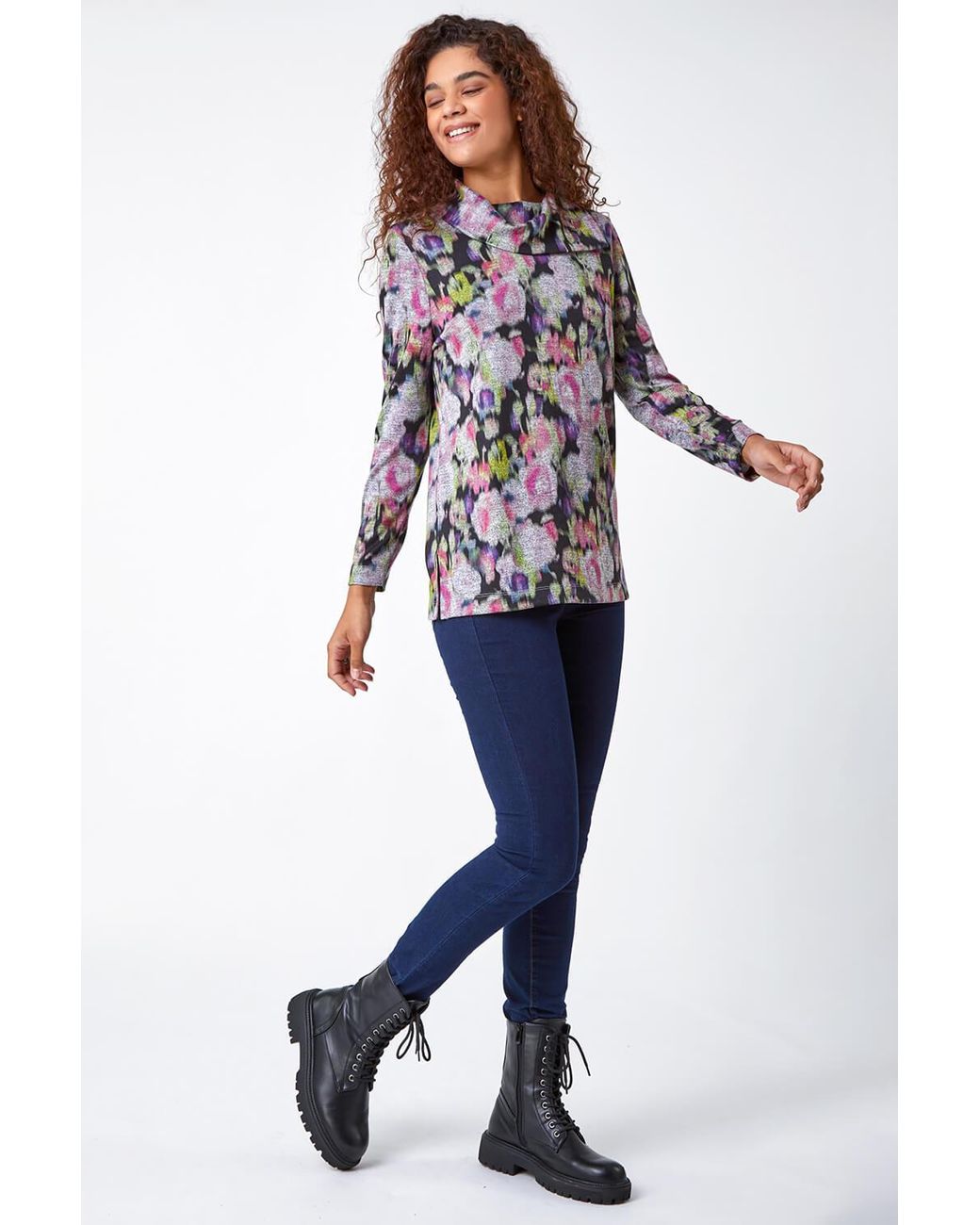 Roman Gray Floral Print Fold Neck Stretch Top
