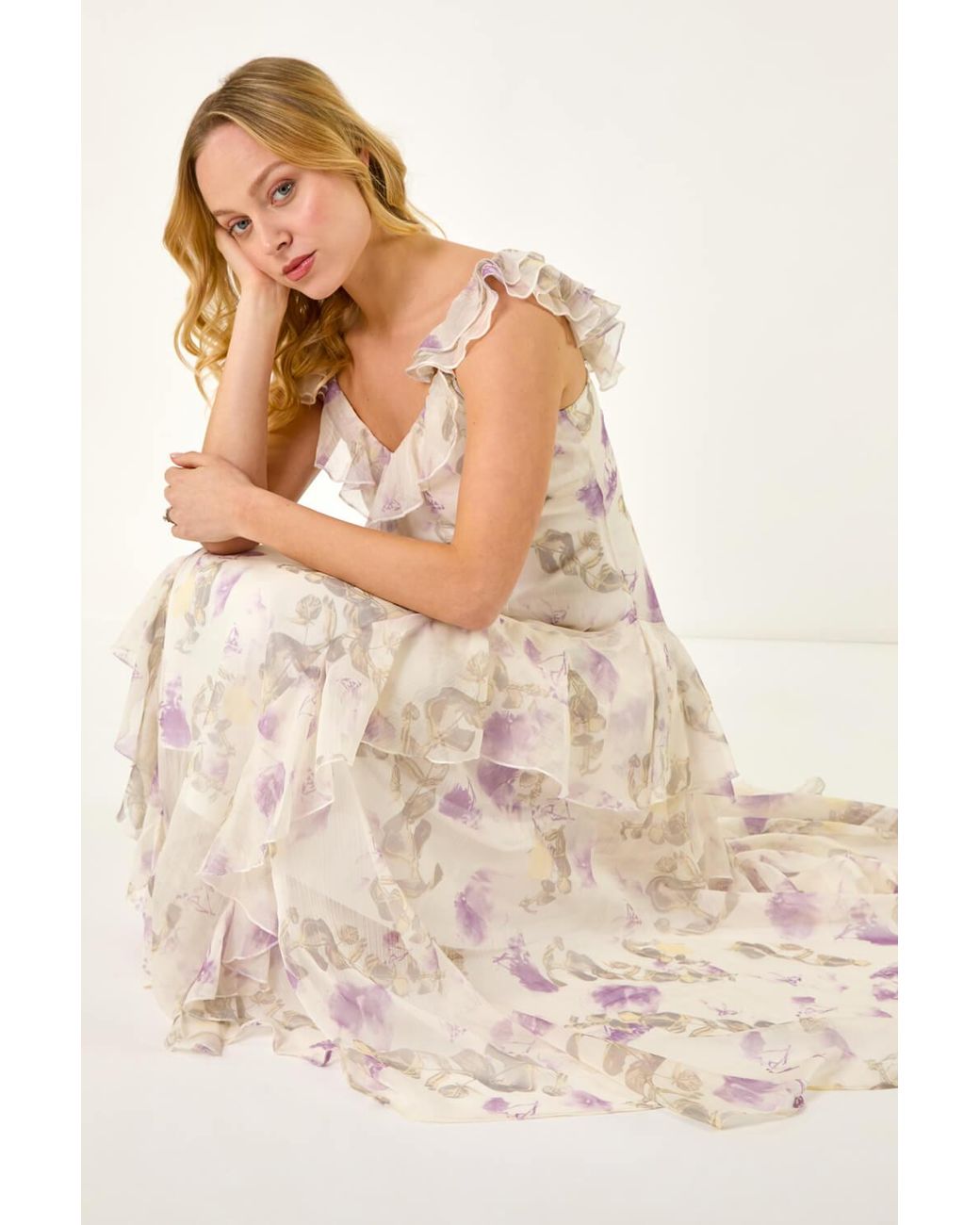D.u.s.k Pink Floral Print Ruffle Maxi Dress