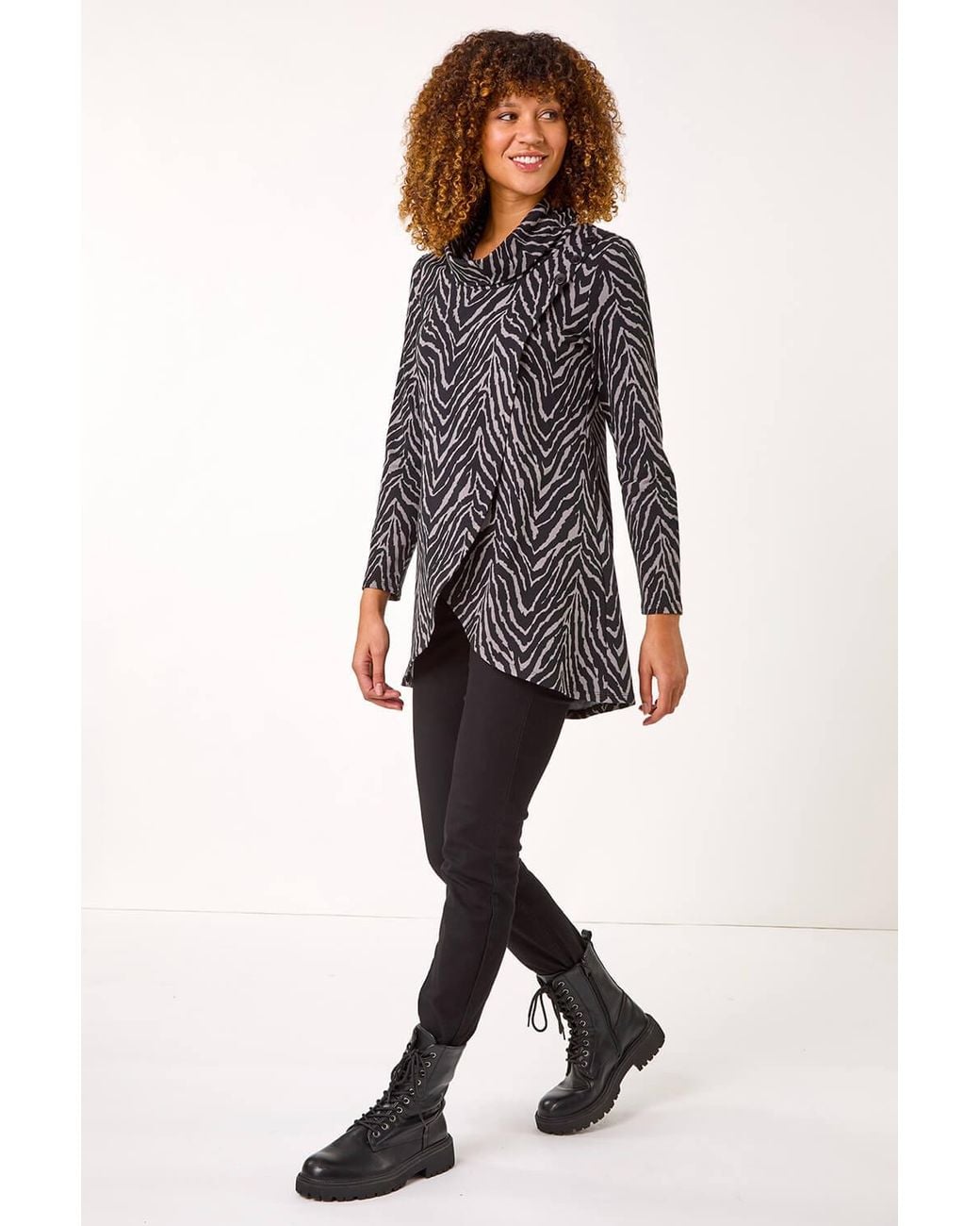 Roman Gray Animal Print Cowl Neck Tunic Top