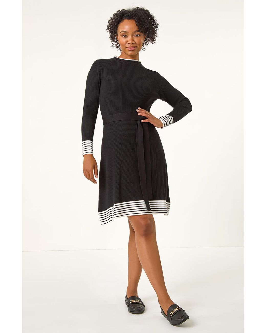 Roman Petite Black Stripe Knitted Midi Dress