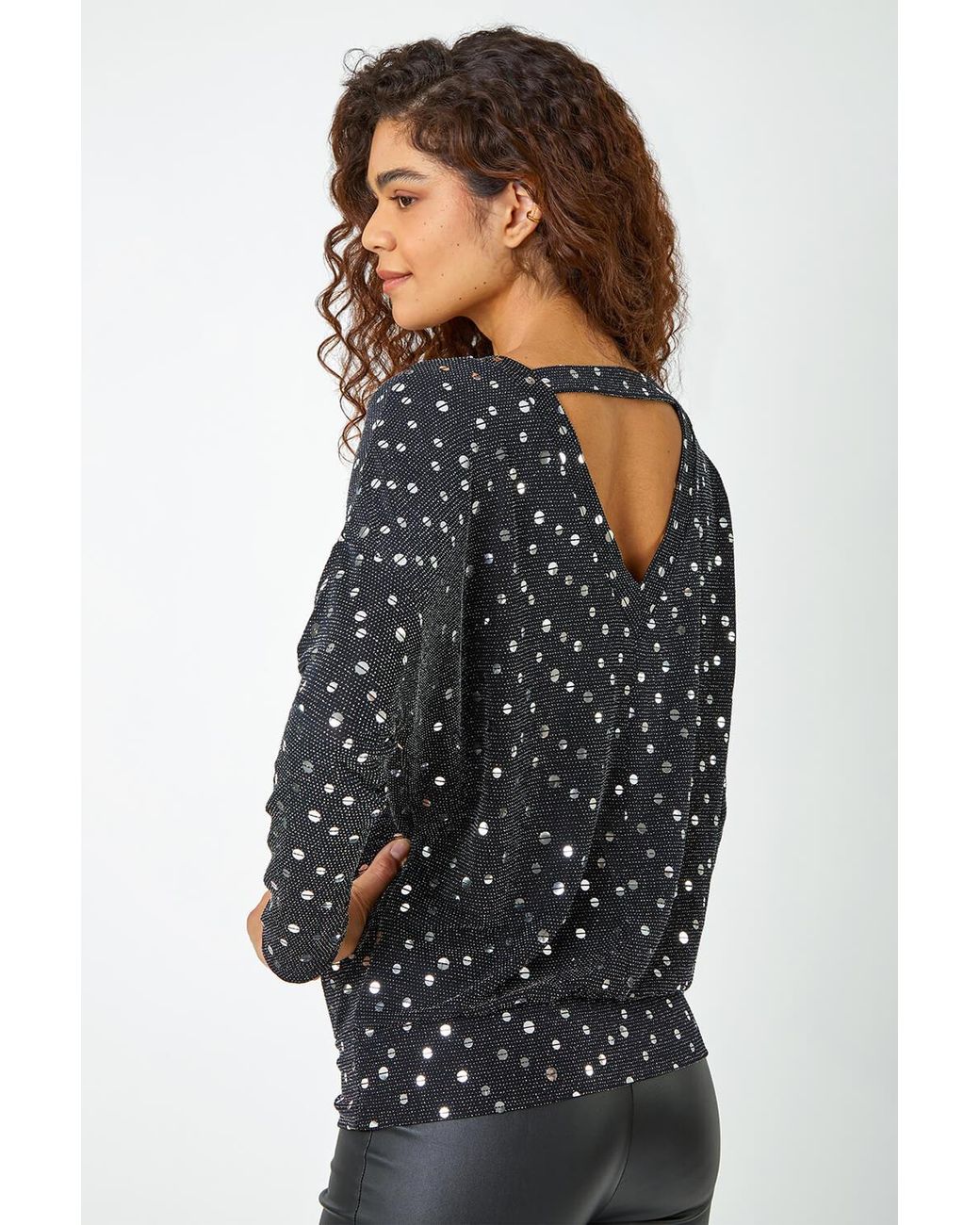 Roman Black Sequin Detail Blouson Stretch Top