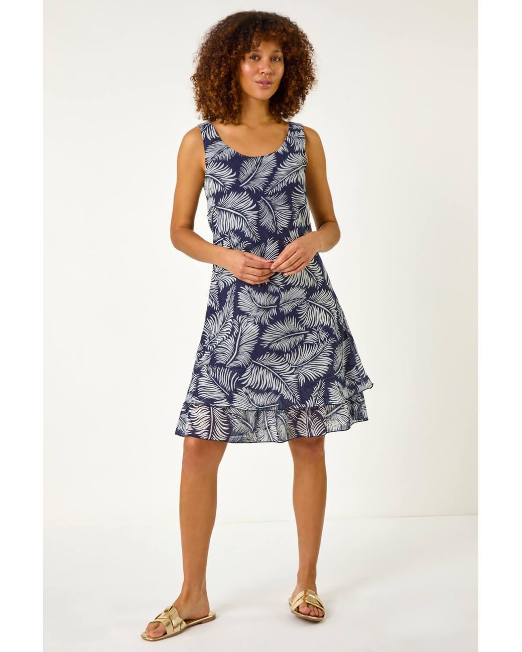 Roman Blue Leaf Print Double Layered Dress