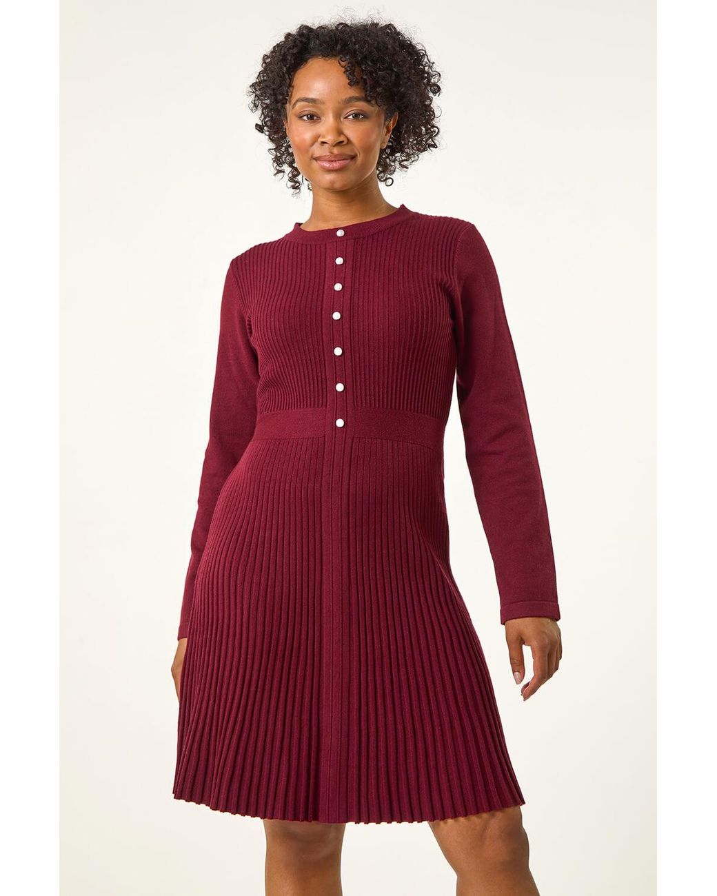 Roman Petite Red Pearl Button Knitted Dress