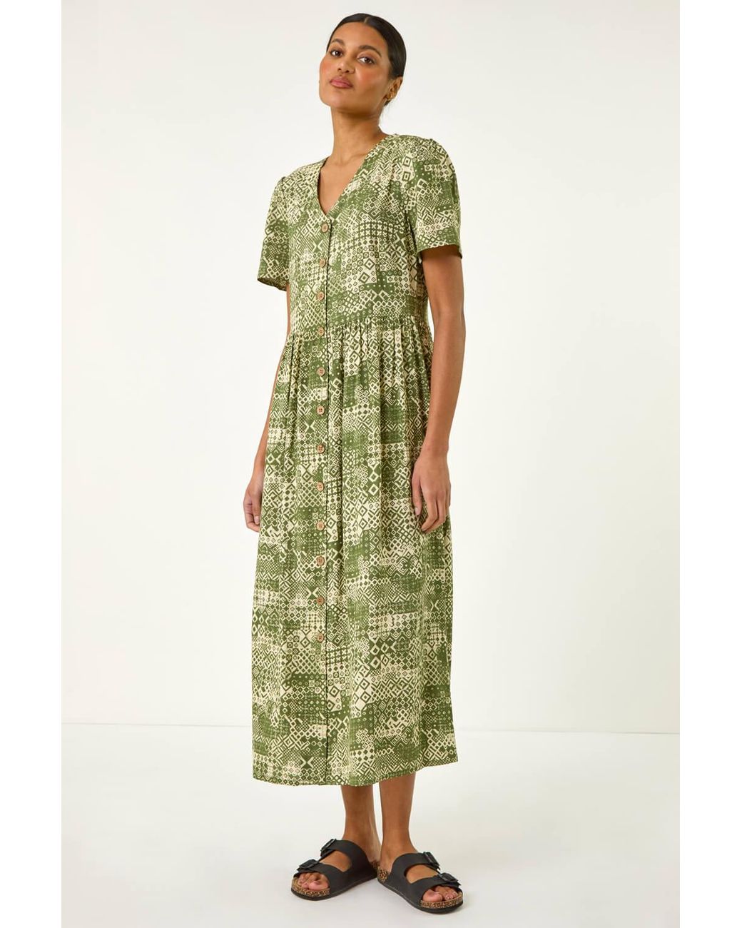 Roman Green Geo Print Button Midi Dress