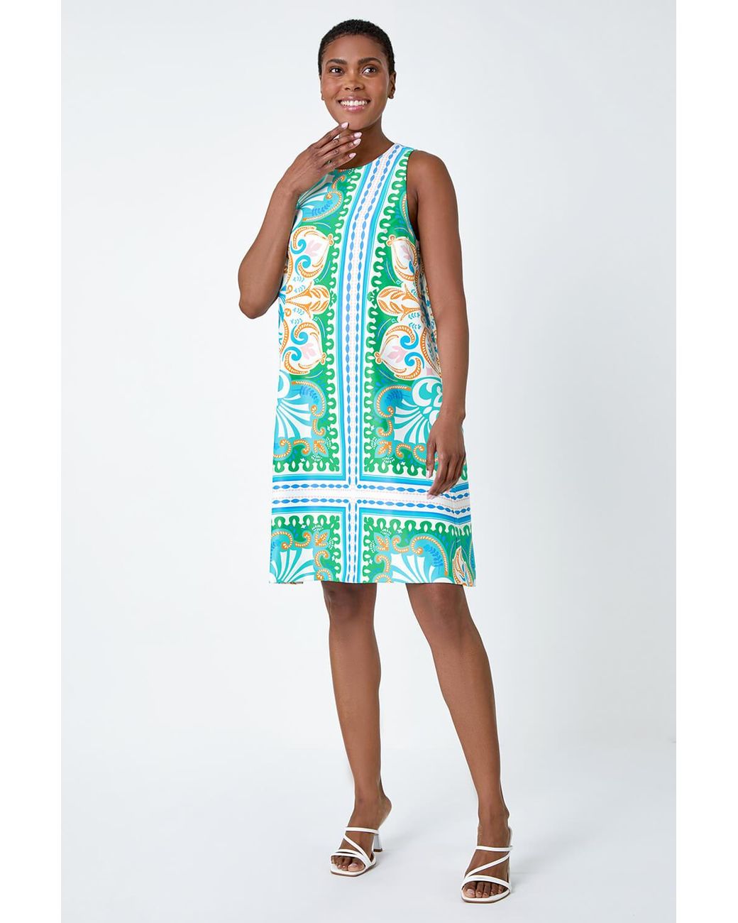Roman Green Scarf Print Satin Feel Shift Dress