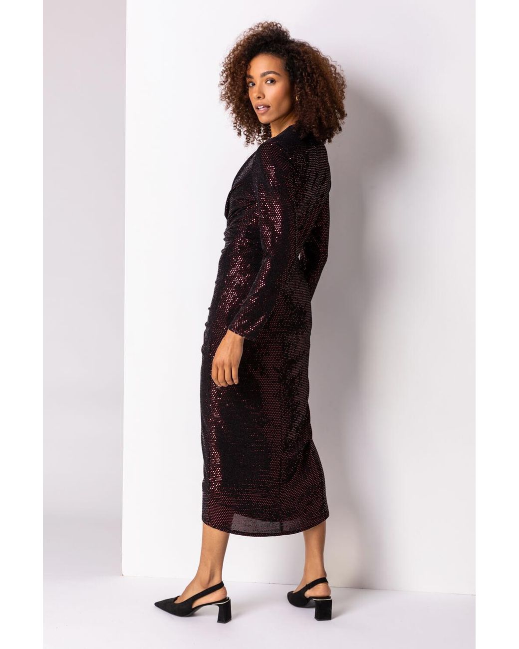 Roman Red Sequin Embellished Ruched Wrap Dress