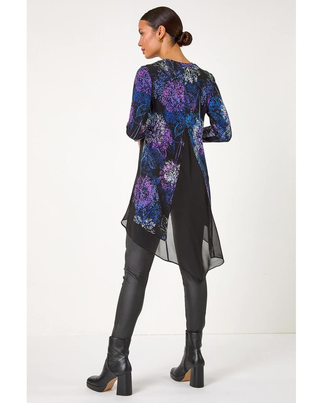Roman Blue Foliage Puff Print Chiffon Hem Top