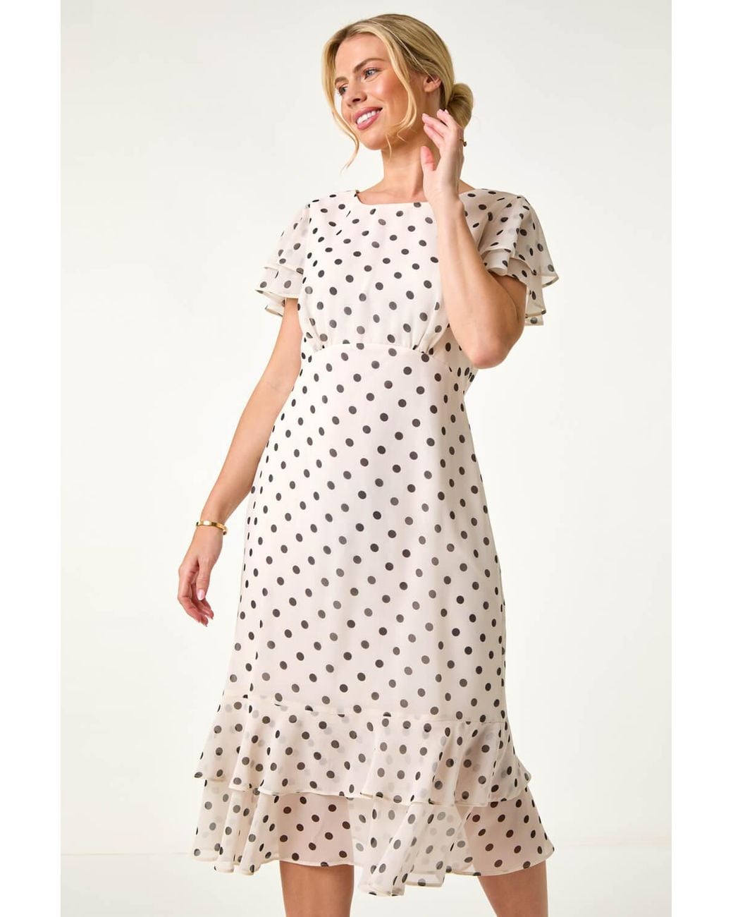 Roman Petite White Spot Print Double Frill Midi Dress