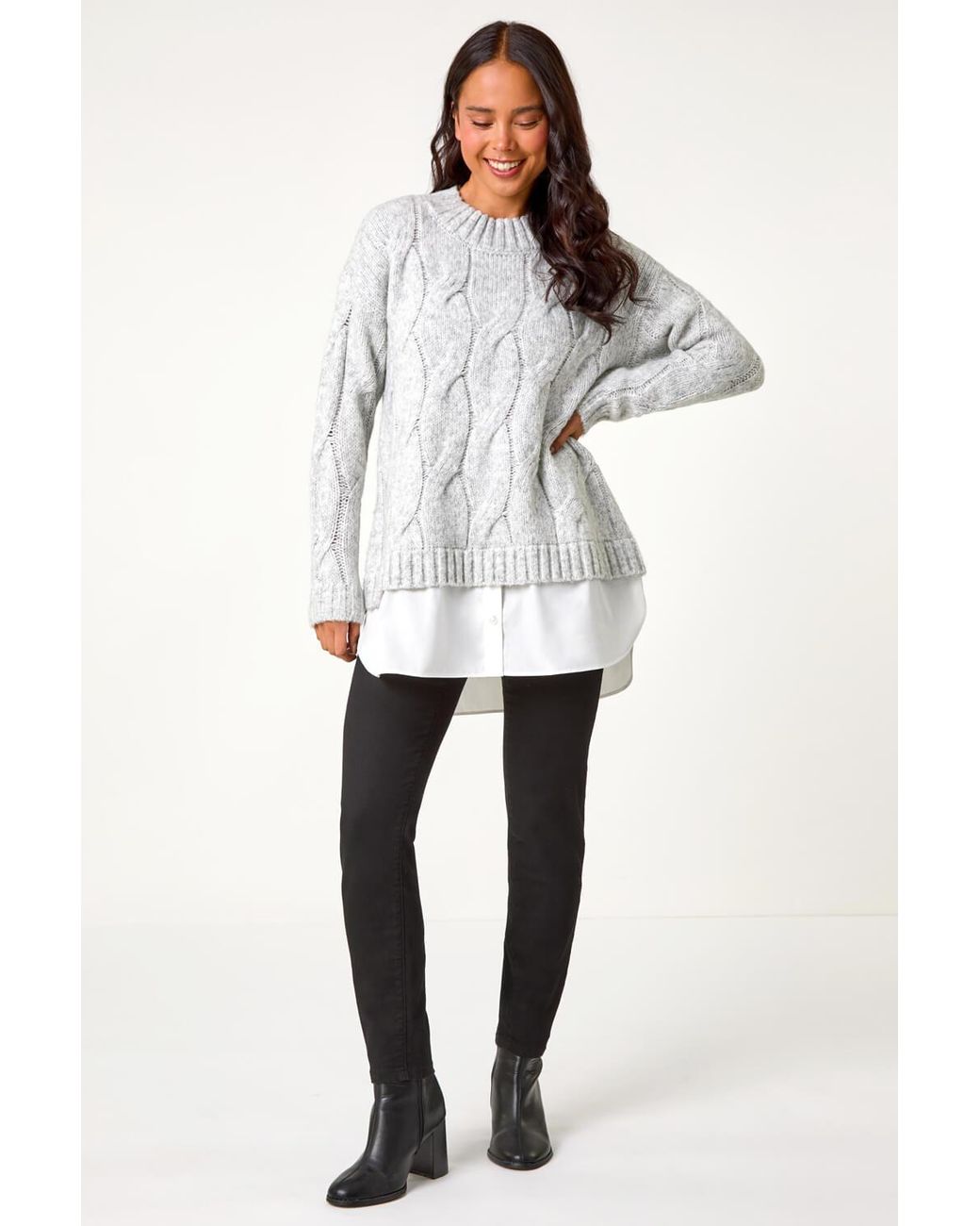 Roman Petite White Cable Knit Mock Shirt Jumper