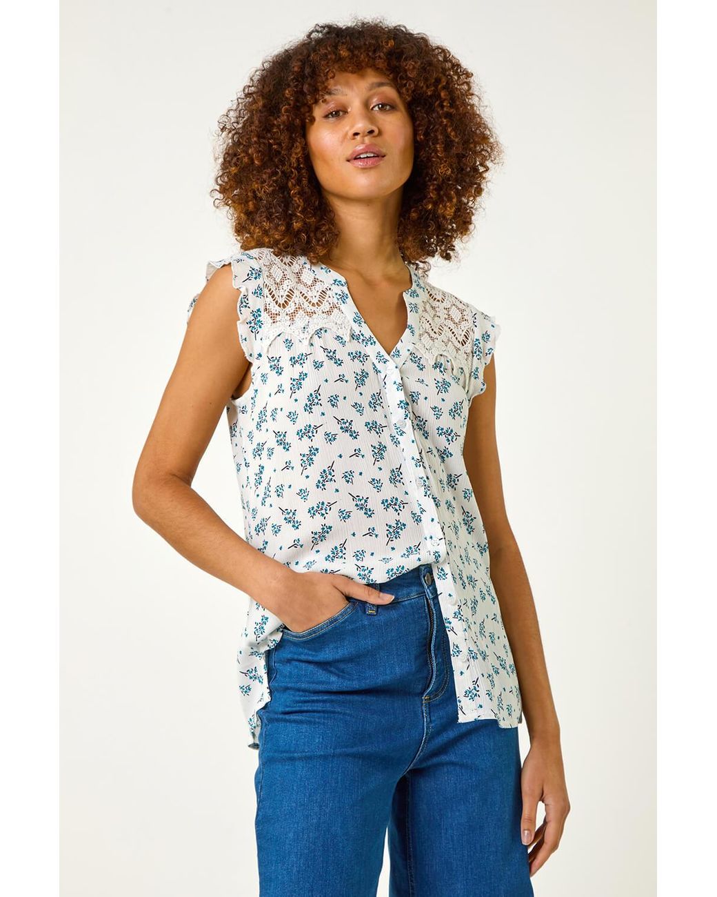 Roman Brown Floral Print Lace Yoke Blouse