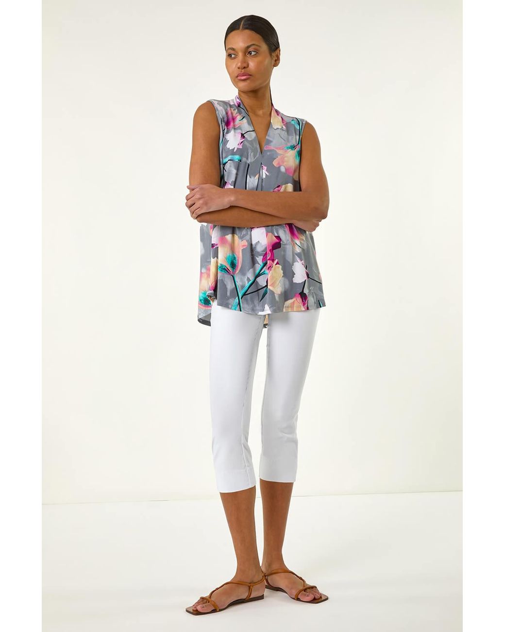Roman White Floral Print Pleat Front Vest