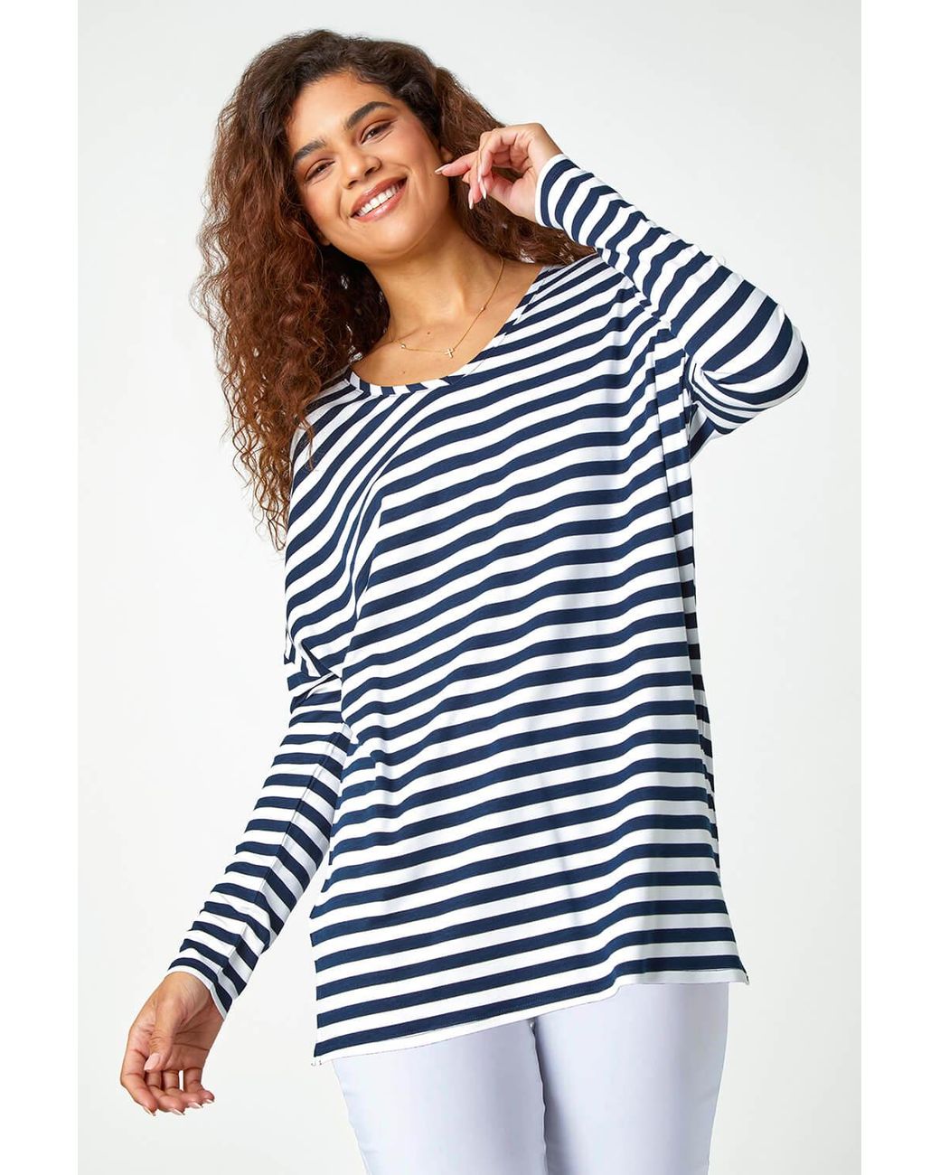 Roman Blue Stripe Print Tunic Stretch Top
