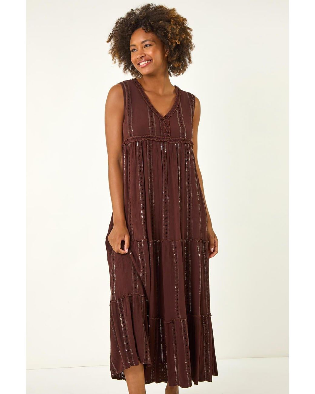 Roman Brown Sequin Tiered Maxi Dress