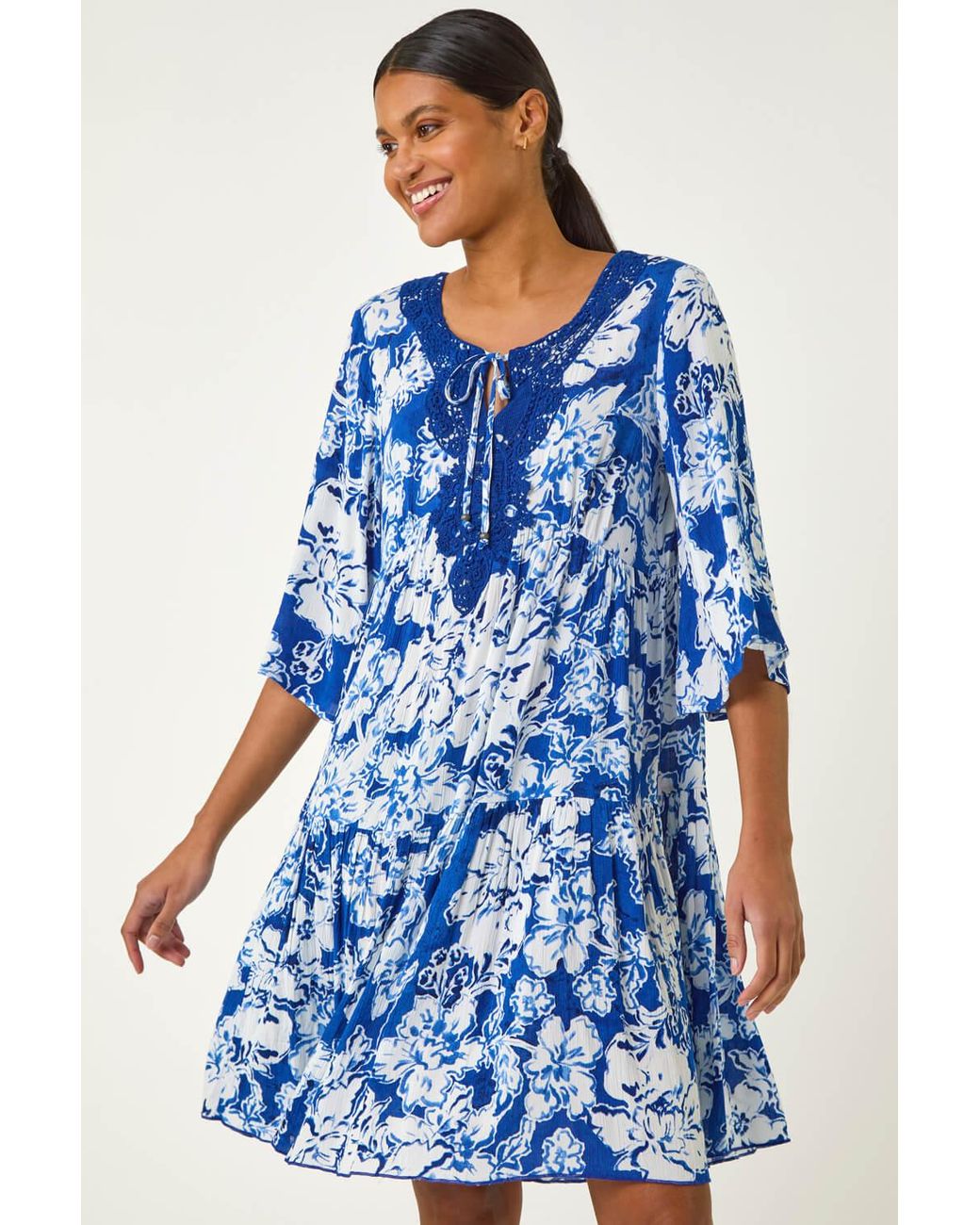 Roman Blue Shadow Floral Lace Smock Dress