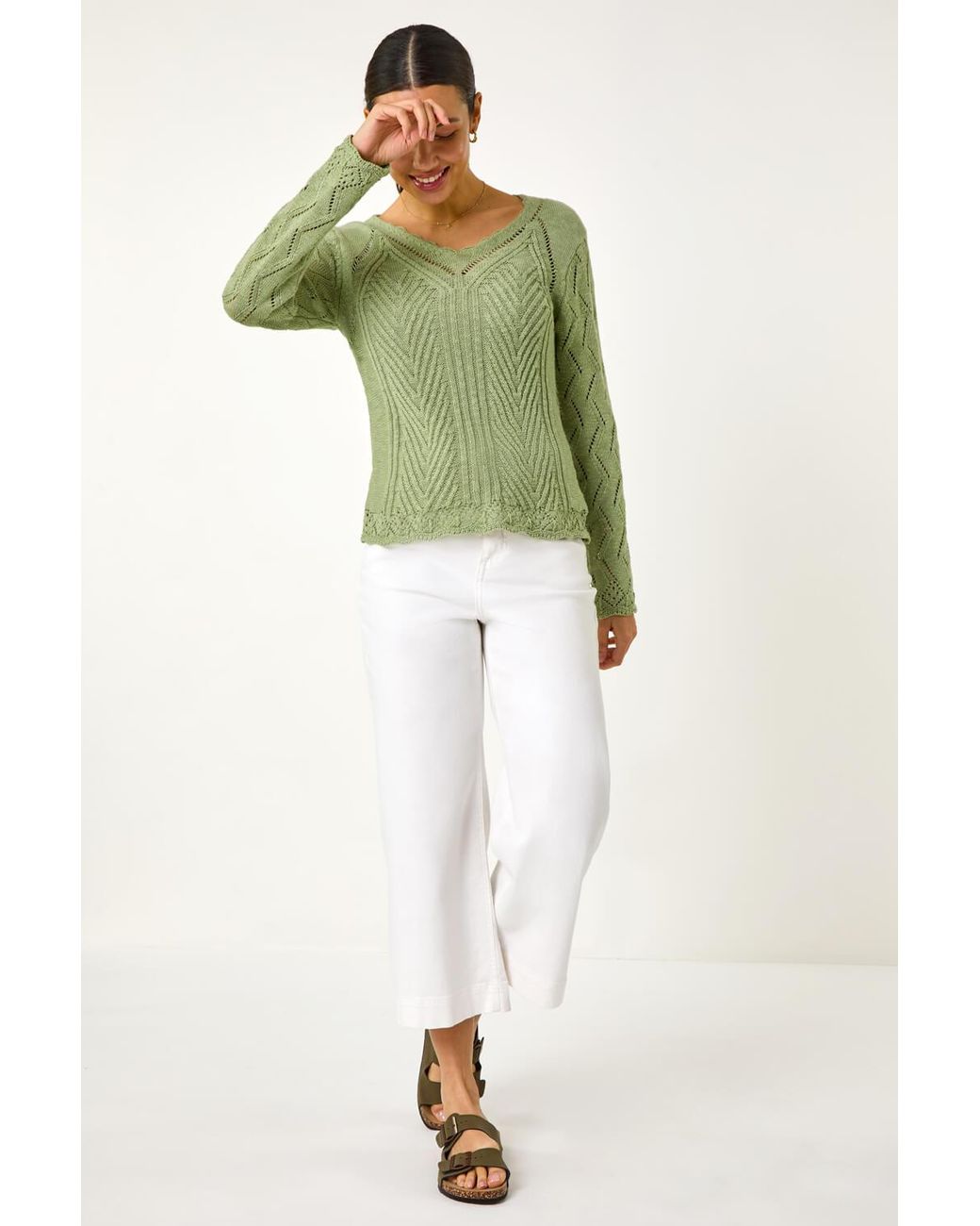Roman Green Scallop V-Neck Knit Jumper