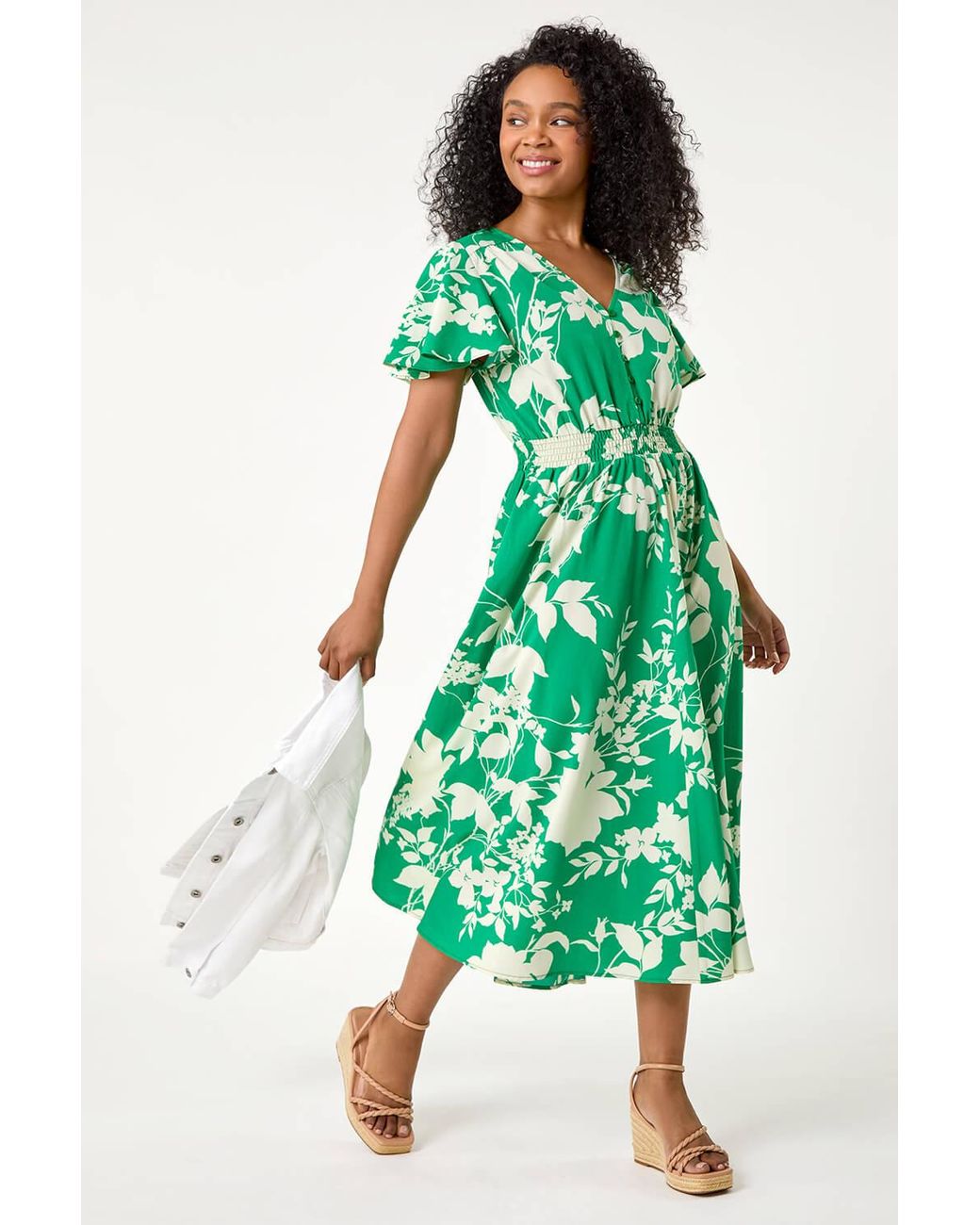 Roman Petite Green Leaf Print Shirred Midi Dress