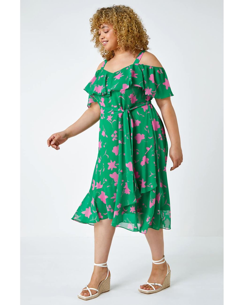Roman Curve Green Floral Cold Shoulder Chiffon Frill Dress