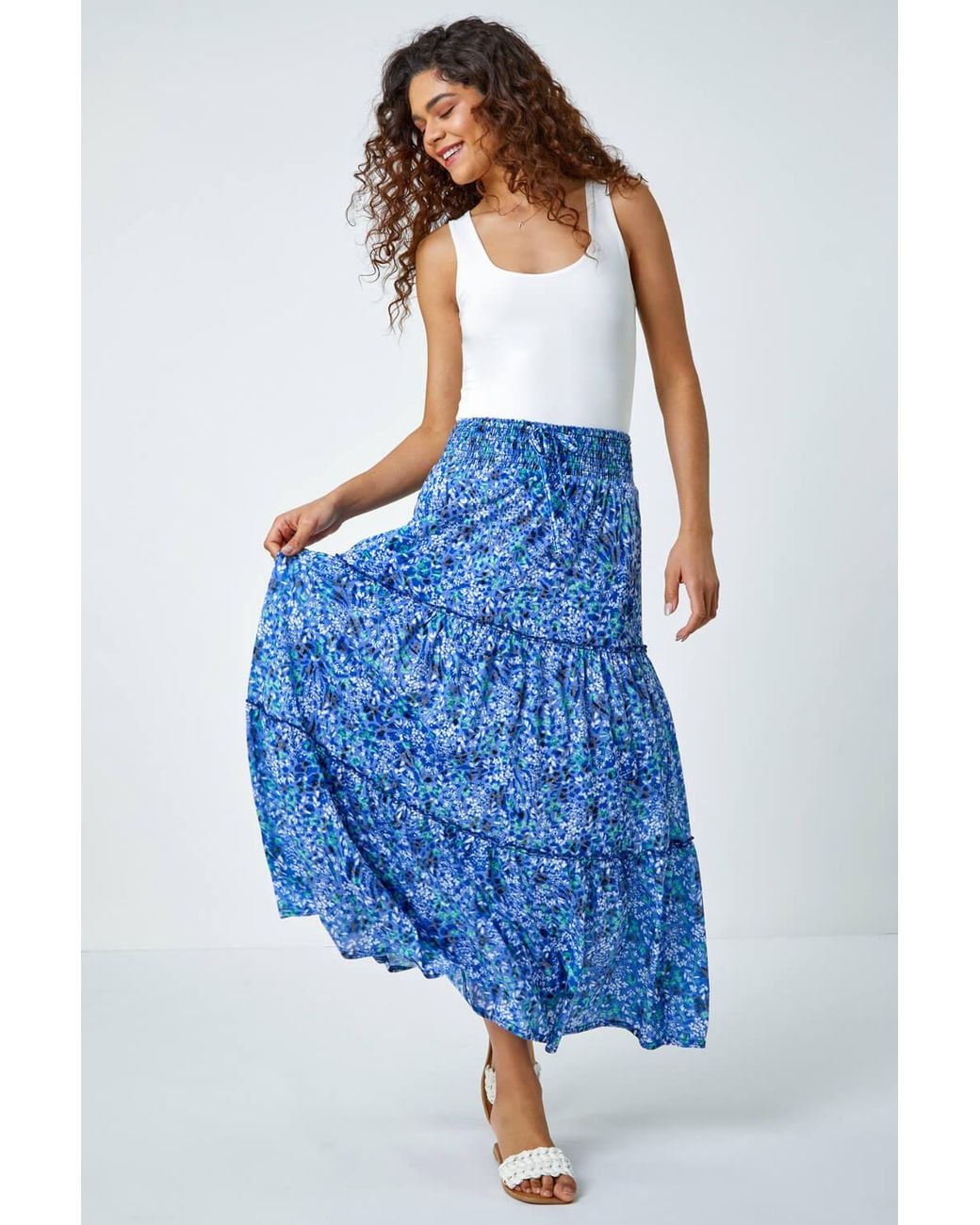 Roman Blue Ditsy Floral Tiered Elastic Waist Maxi Skirt