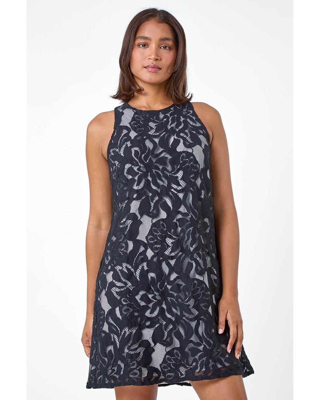 Roman Blue Sleeveless Lace Swing Dress